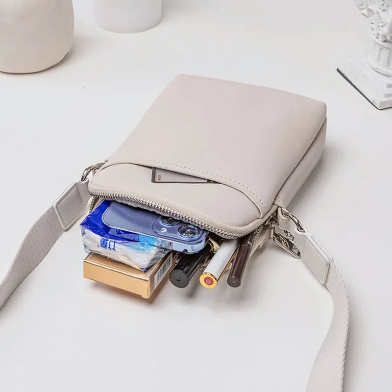 Solid colour PU mobile phone crossbody bag shown in beige, black, green, and khaki.