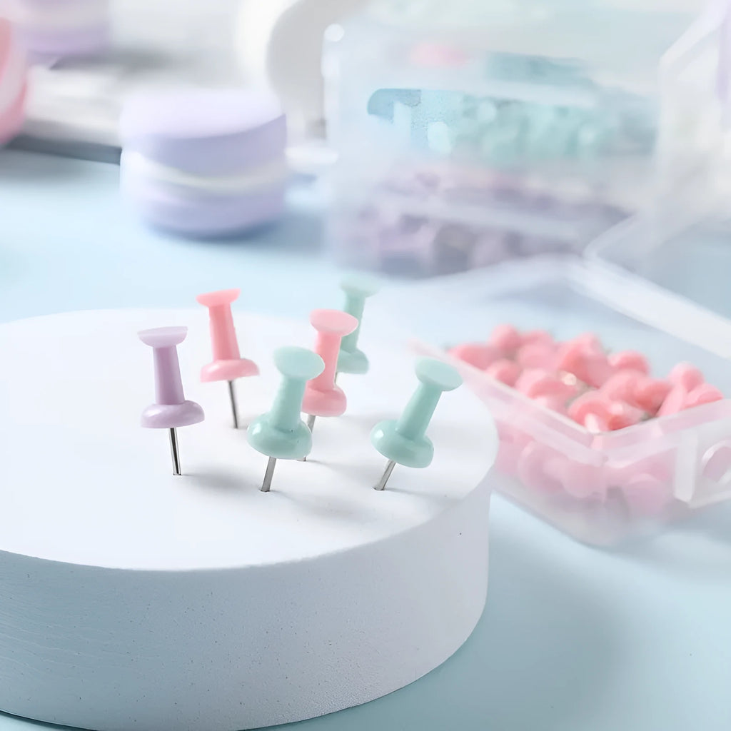 Macaron coloured plastic push pins in cherry blossom pink, mint green and lavender, small and large sizes