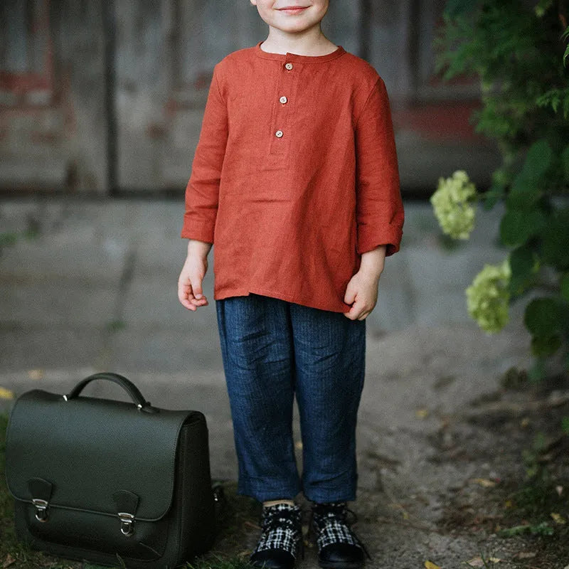 Boys Half-Open Collar Long Sleeve Cotton Linen Shirt Solid Colour European Style Spring Autumn Top 90-130cm White Green Hemp Rust Red