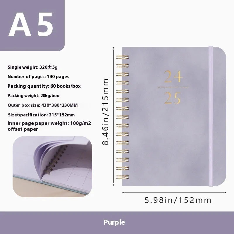 A5 size PU leather notebook with metal coil binding in a choice of colours including black, blue, brown, and pink.