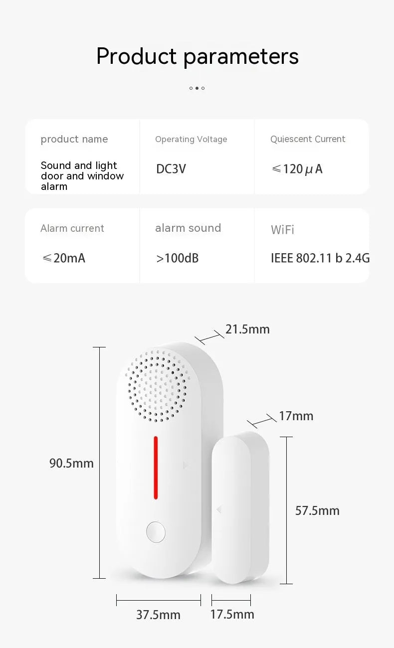 WiFi door magnetic sensor alarm for smart home security with acousto-optic alert