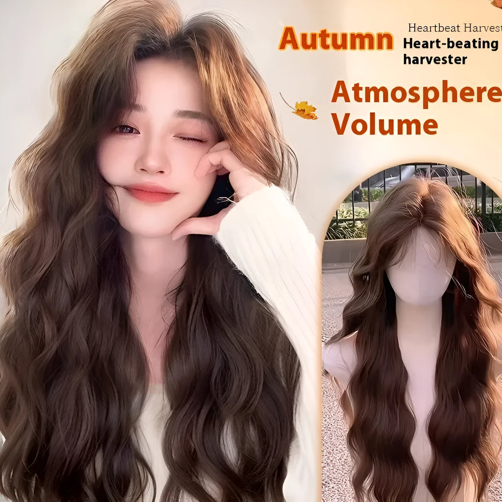 Full-head long curly synthetic wig with side bangs in brown colour options
