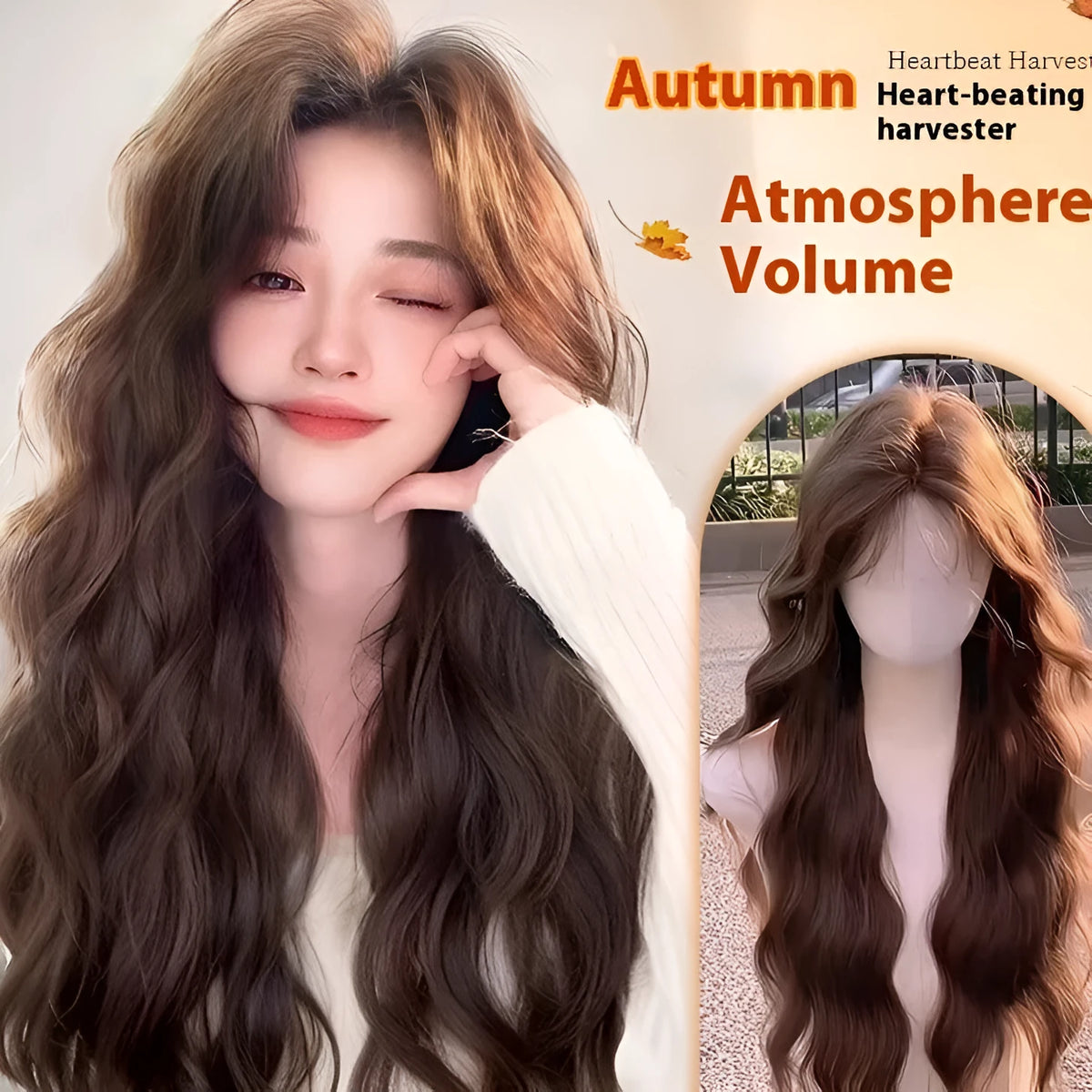 Full-head long curly synthetic wig with side bangs in brown colour options