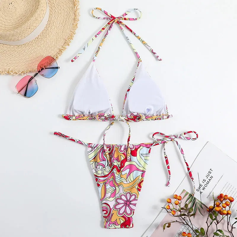 Women's triangle printed bikini with separate pieces and hanging neck design in multicolour pattern