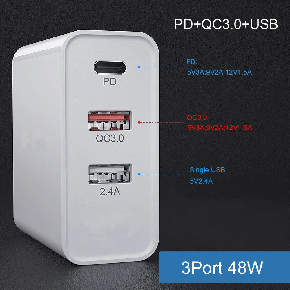 White 4-port fast wall charger with PD, QC, and USB ports on a table