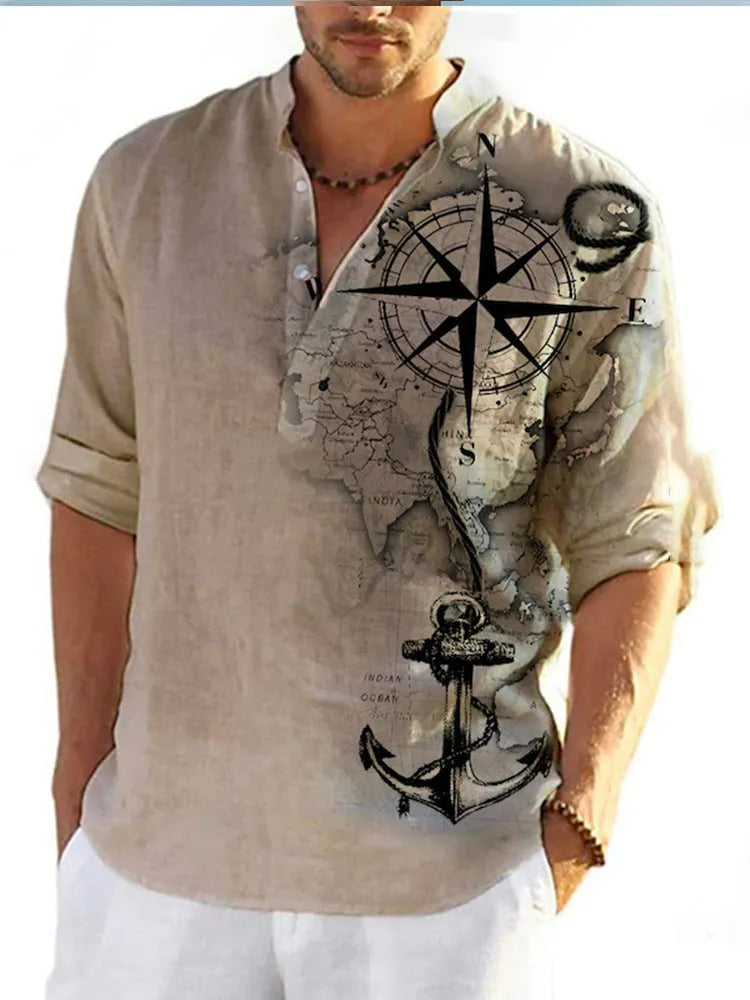 A person wearing a thin, striped long sleeve Hawaiian shirt in a digital bamboo linen style.