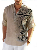 A person wearing a thin, striped long sleeve Hawaiian shirt in a digital bamboo linen style.