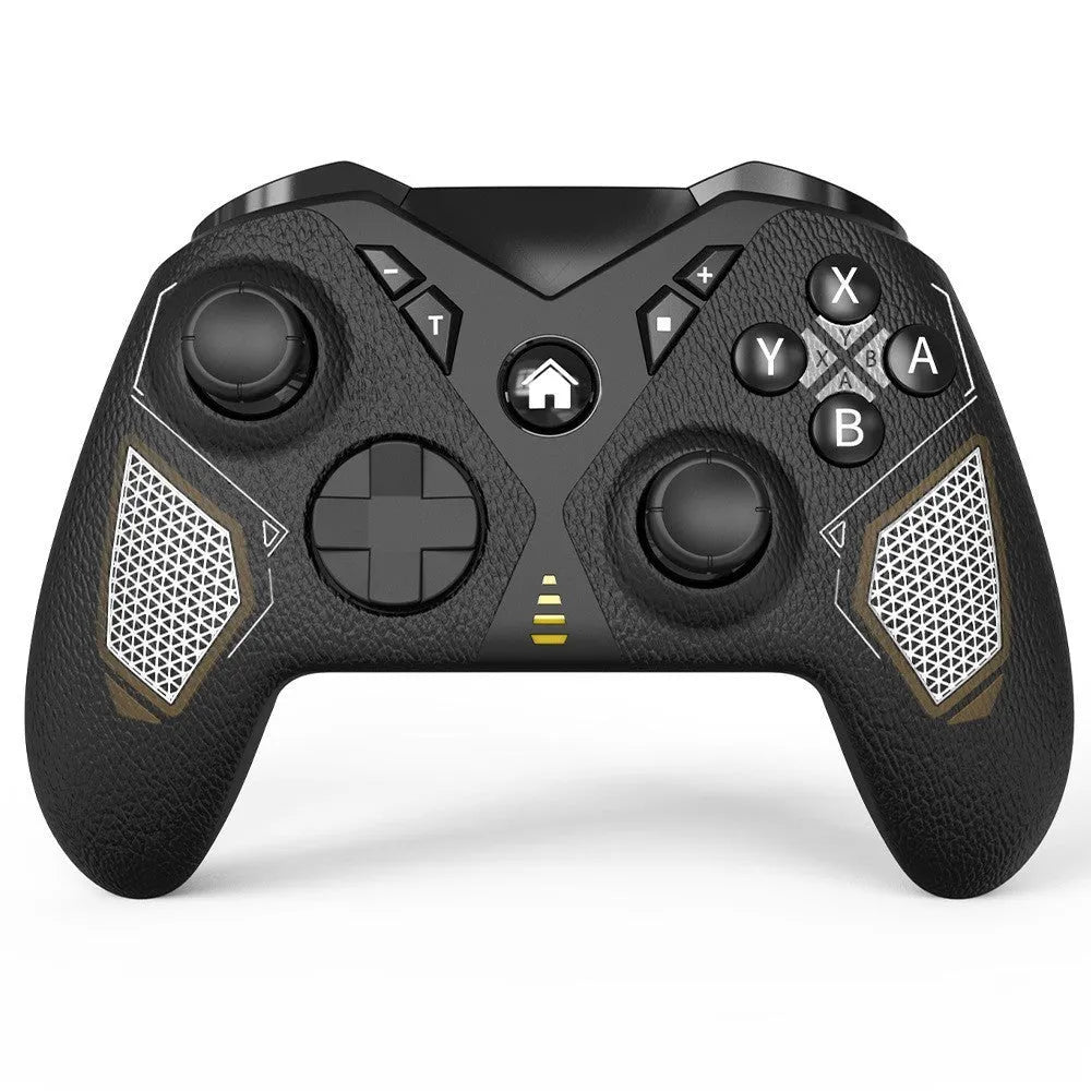 Black wireless game controller with leather-textured grips for Nintendo Switch gaming