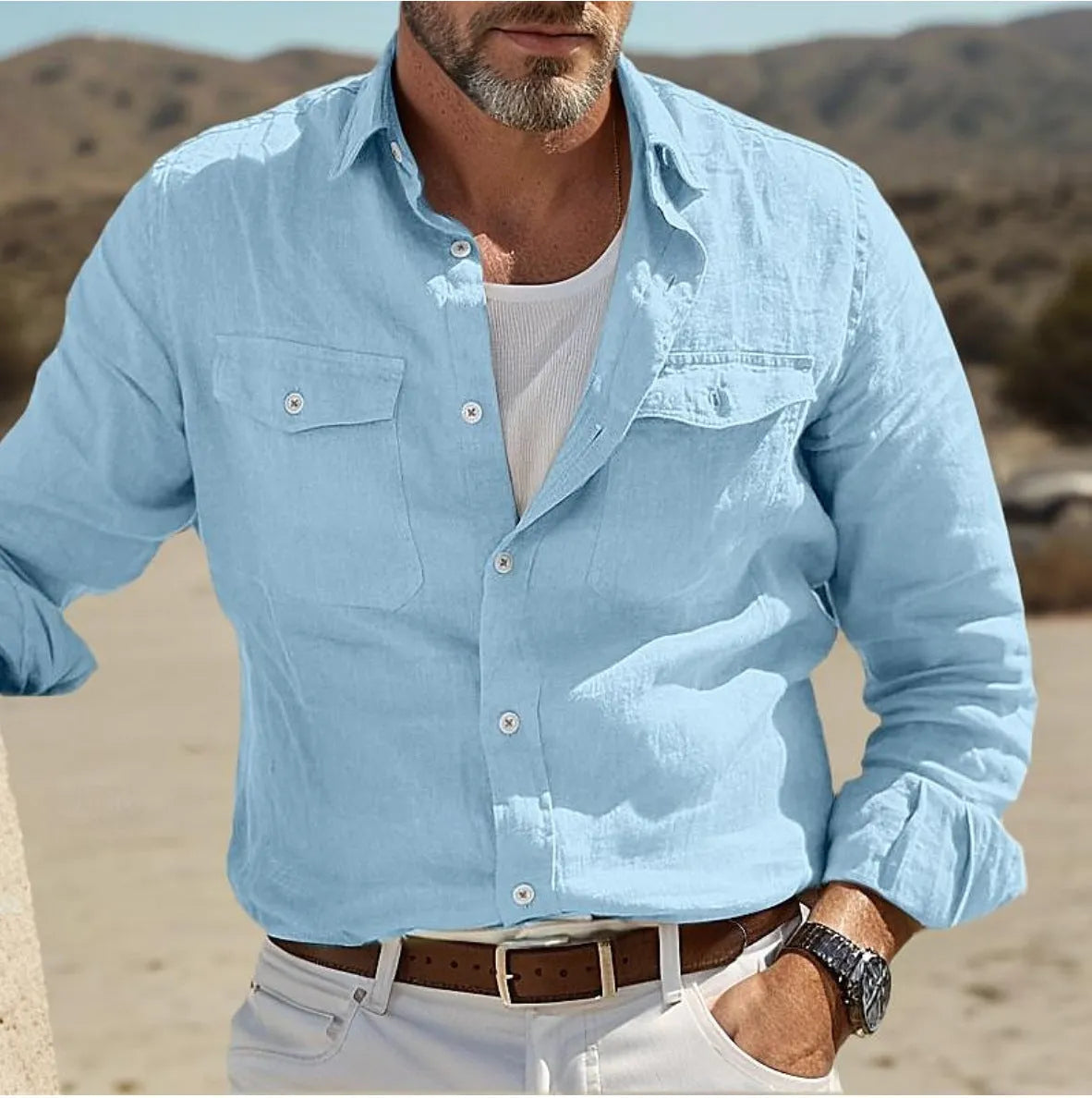 Men's long-sleeved cotton linen summer shirt in loose fit solid colour design