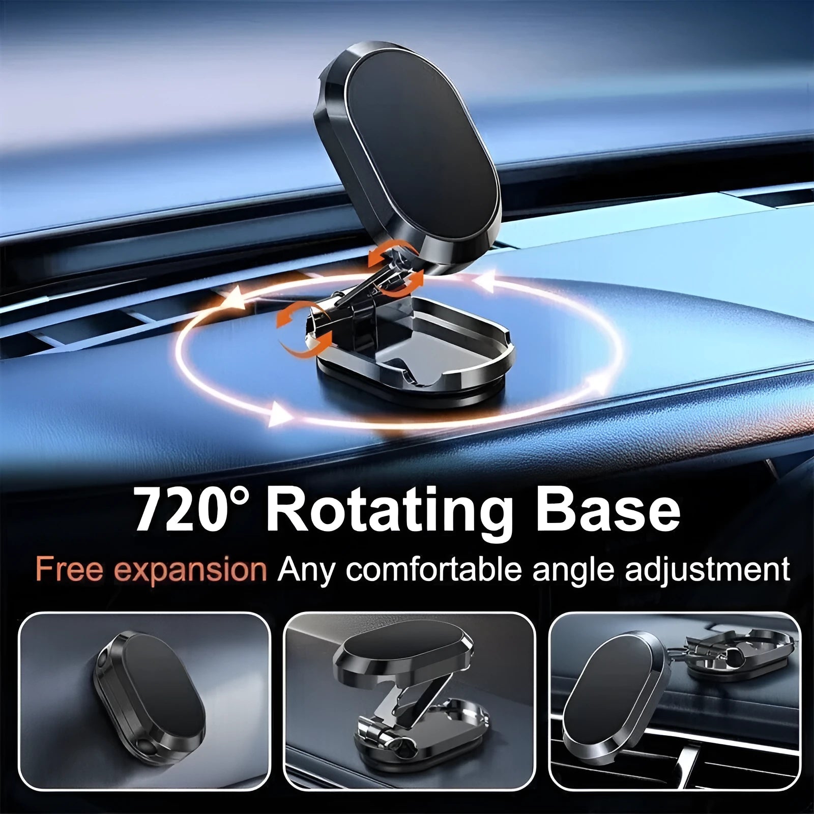 Chrome folding magnetic car phone holder shown extended and collapsed on a car dashboard.