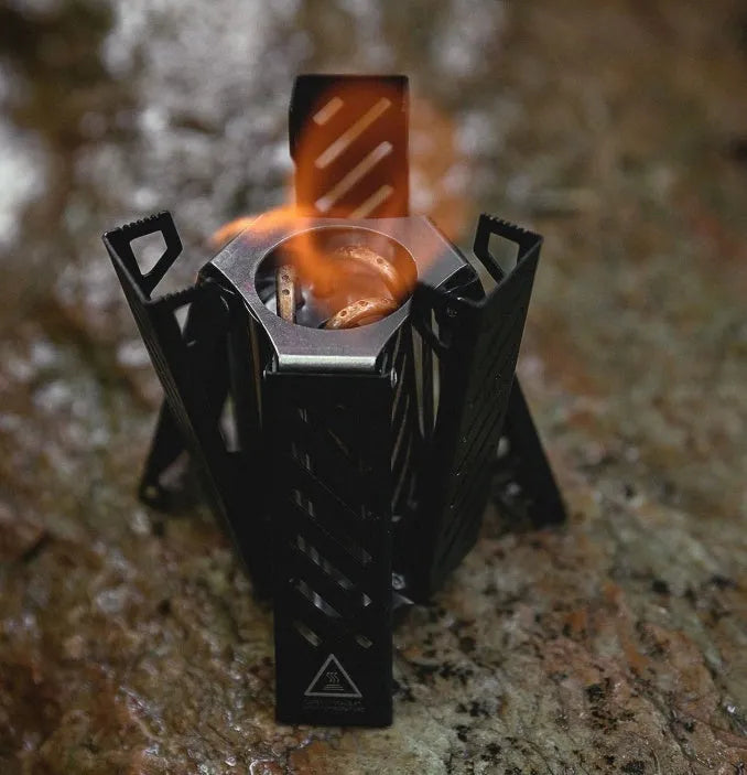 Hexagon foldable alcohol stove for camping in black or silver finish with alloy construction