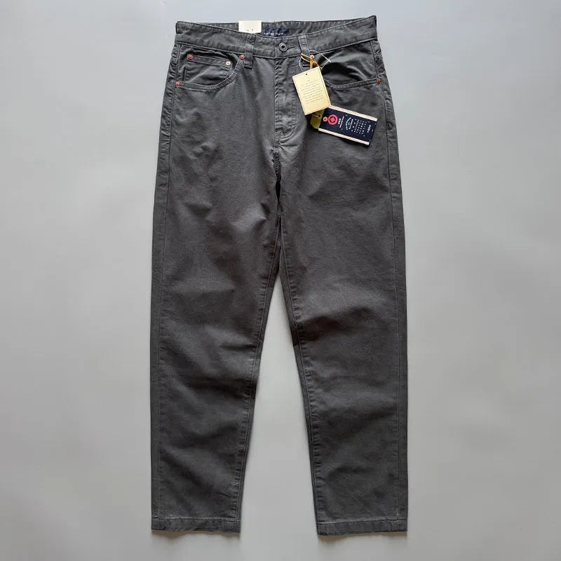 Men's straight-leg cotton trousers in American retro style showing grey, army green, and khaki colour options