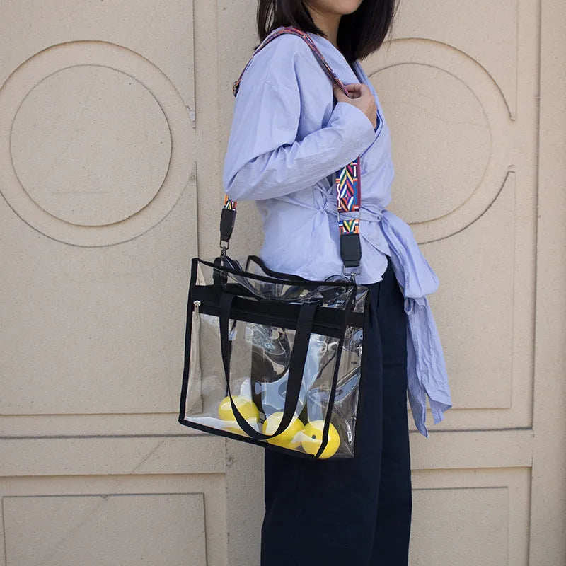 Transparent PVC women's messenger bag with three-dimensional pocket and double connector shoulder straps