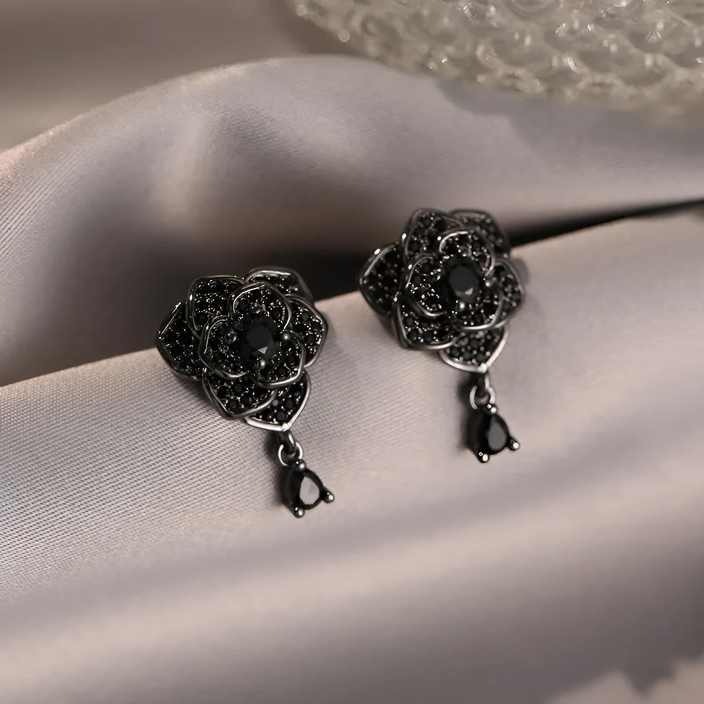 Black rose zircon stud earrings with flower shaped design on copper base