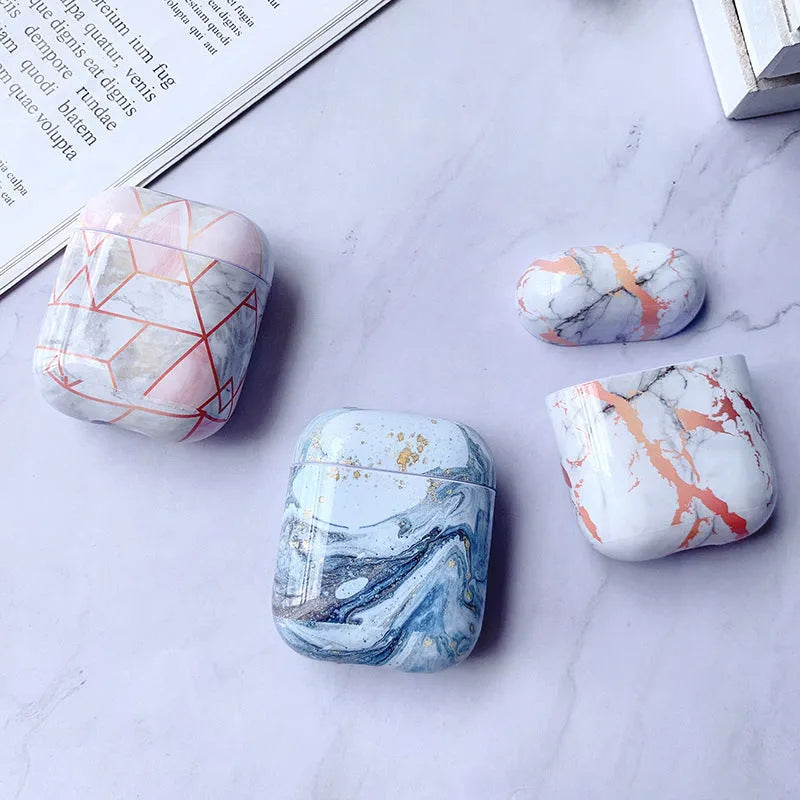 White Marble hard PC protective case cover for Apple AirPods 1 and 2 charging box.
