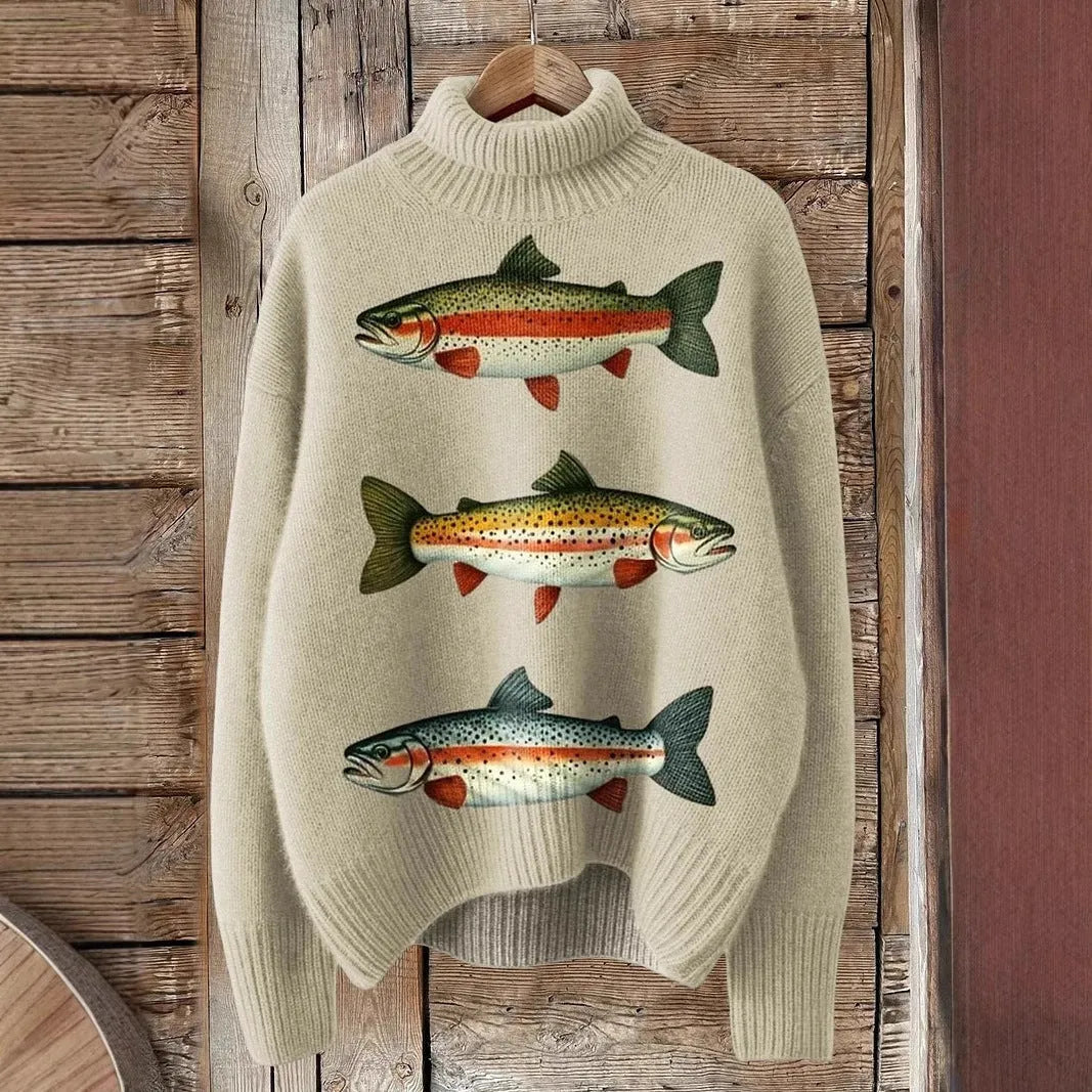 Women's Christmas printed turtleneck sweater in loose fit with festive painting pattern design