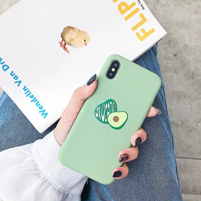 Cartoon avocado design printed on a green TPU phone back cover for Apple iPhone.