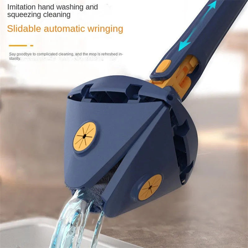 Blue extendable triangle cleaning mop with 360-degree rotating head on a stainless steel pole.