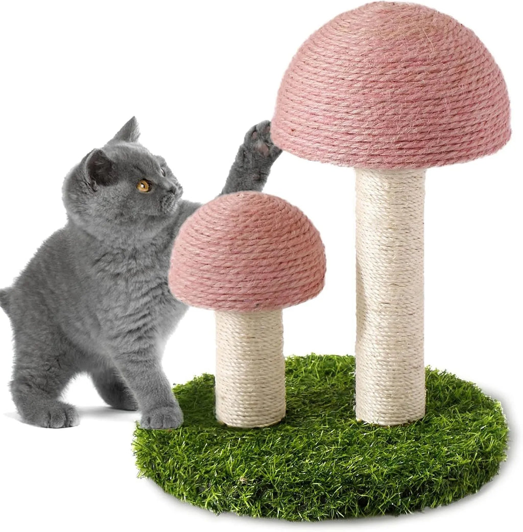 Pink mushroom-shaped cat scratching post with sisal fabric, for small cats and kittens.