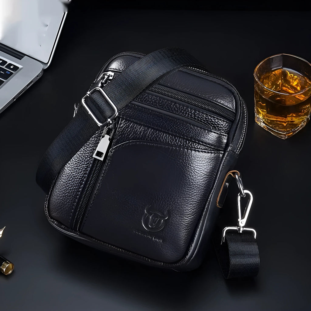 Black genuine leather men's shoulder bag with a retro business casual style.