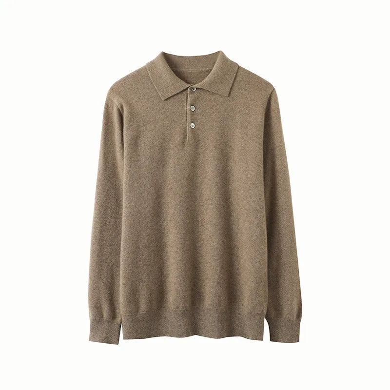 Men's pure cashmere polo collar pullover sweater in loose fit available in multiple colours