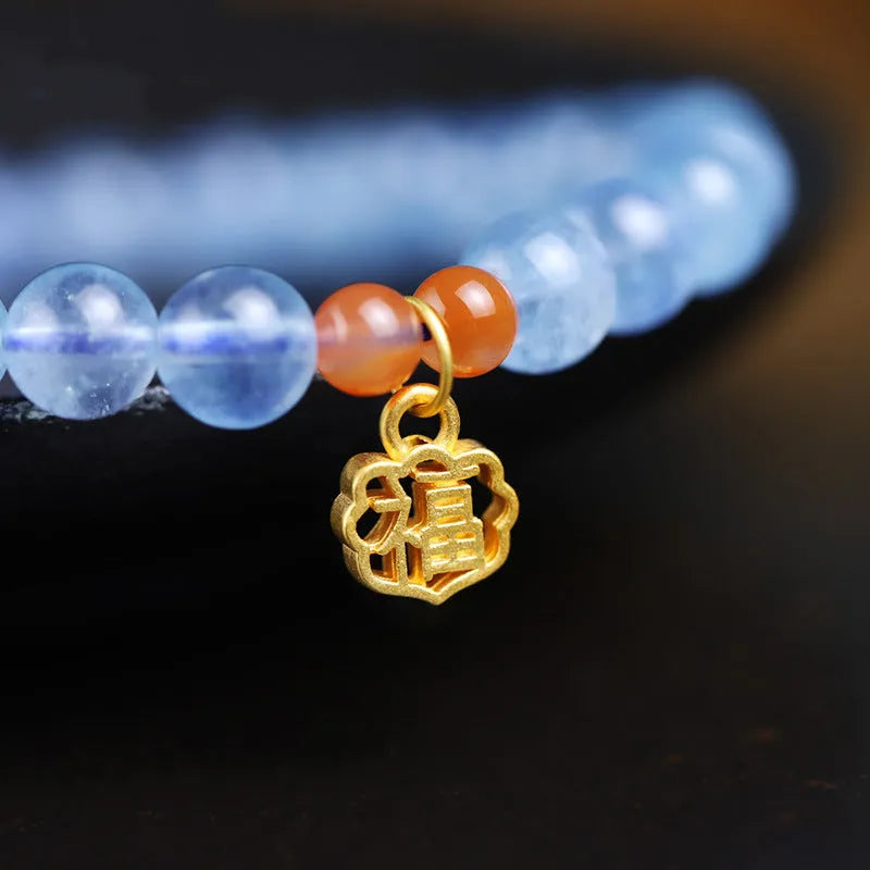 Natural aquamarine crystal bracelet with 8mm round transparent beads and blessing card