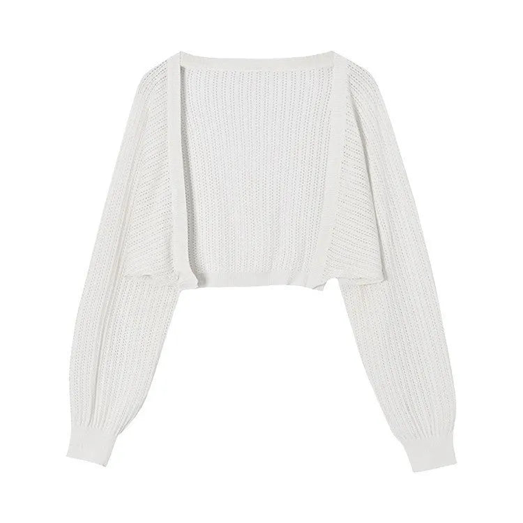 Hollow-out long sleeve blouse with lantern sleeves in apricot colour