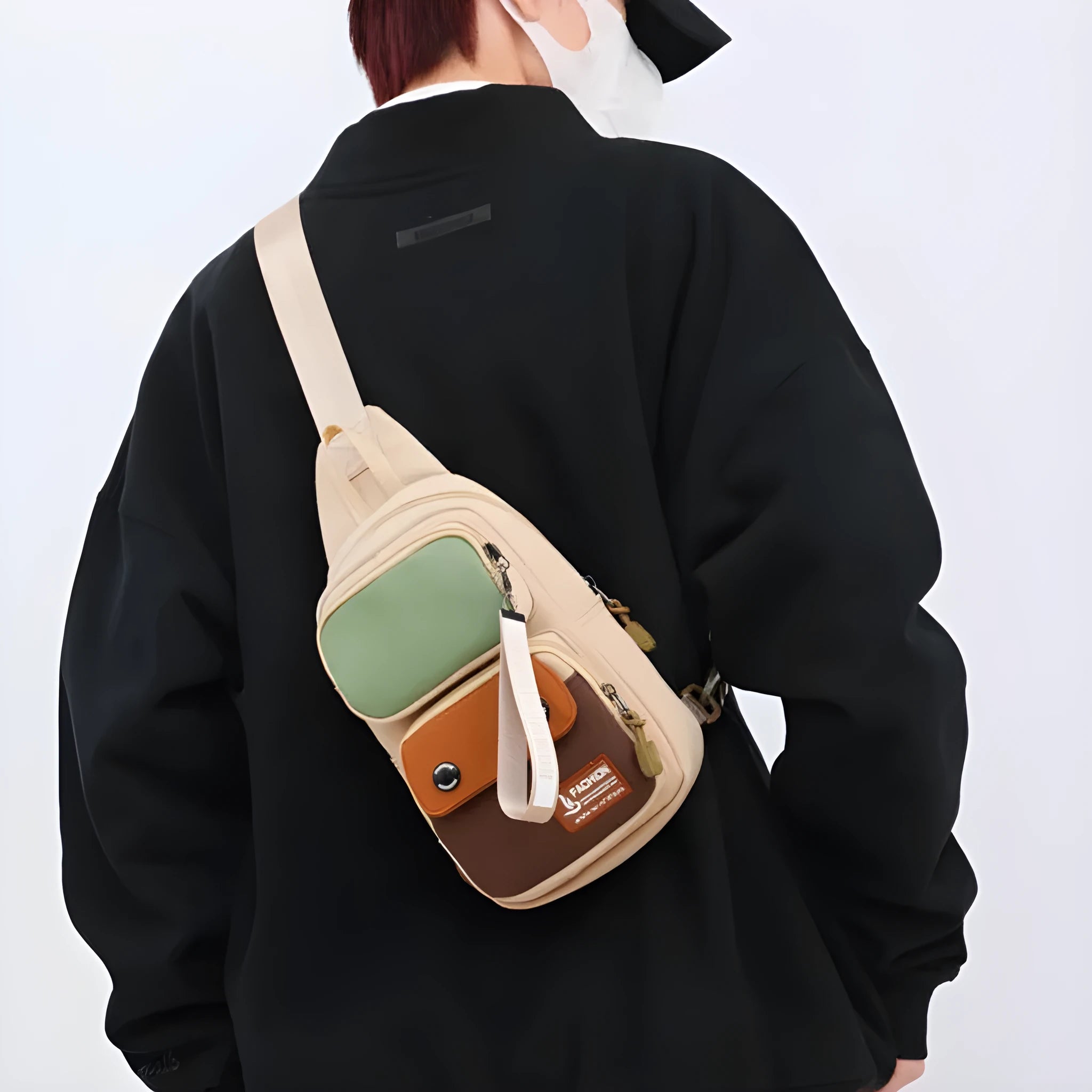 Multifunctional nylon crossbody shoulder bag with letter pattern in beige, black, or light brown for outdoor leisure storage.