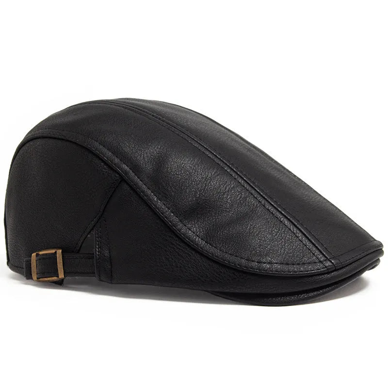 Thick PU artificial leather peaked cap with flat top crown, adjustable size, shown in black, dark gray, camel and brown for autumn and winter.