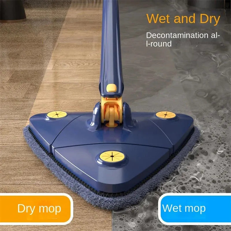 Blue extendable triangle cleaning mop with 360-degree rotating head on a stainless steel pole.