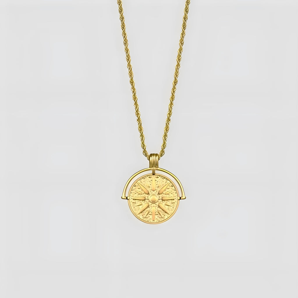 Titanium steel sunflower embossed pendant necklace with geometric star elements on adjustable chain