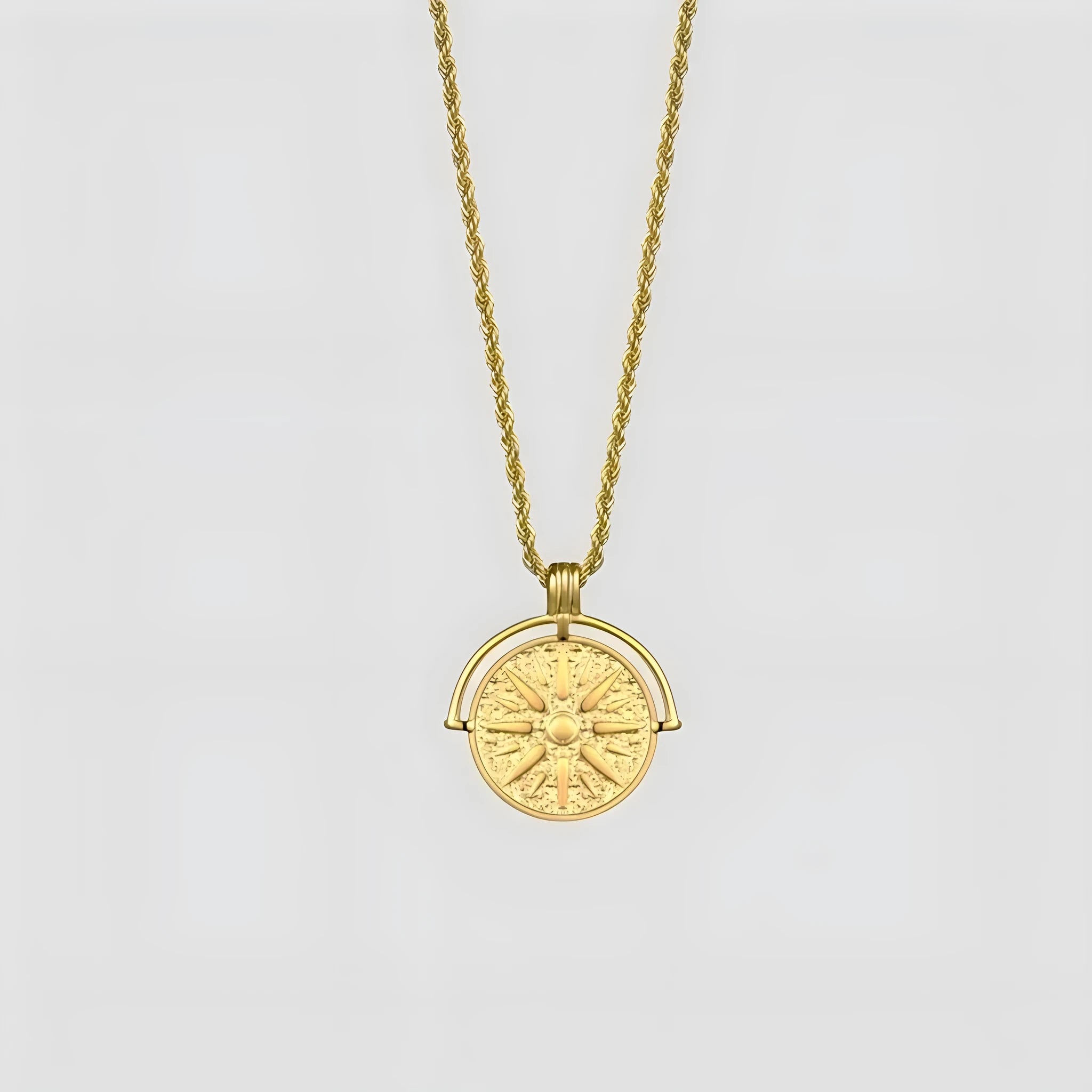 Titanium steel sunflower embossed pendant necklace with geometric star elements on adjustable chain