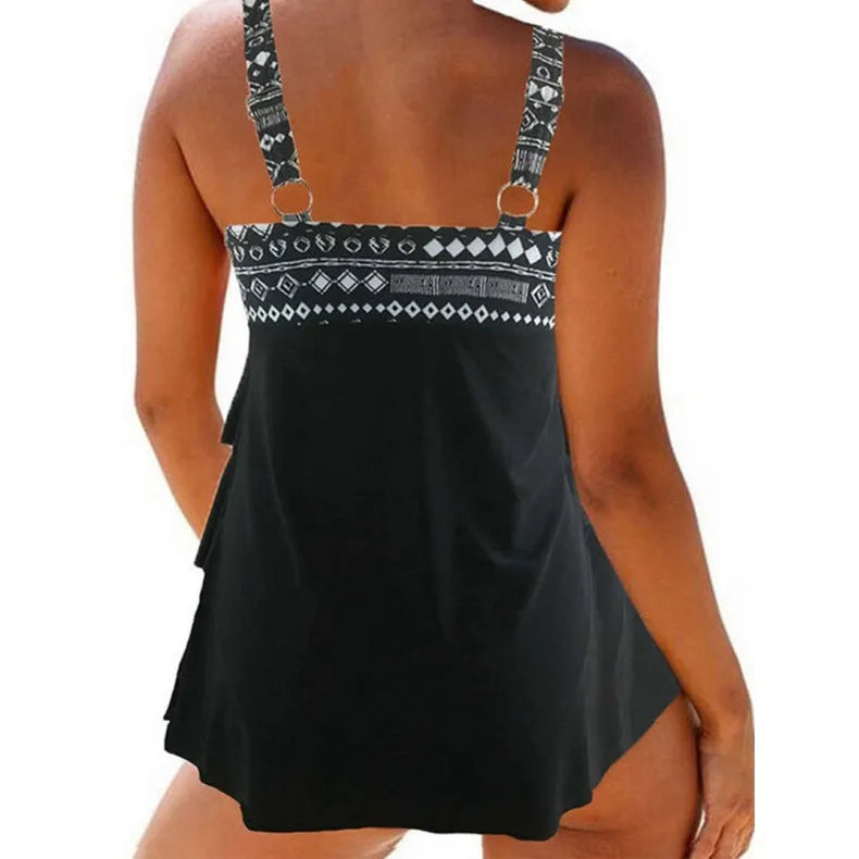 Plus size women's swimsuit with double shoulder straps and front bow, sleeveless split design