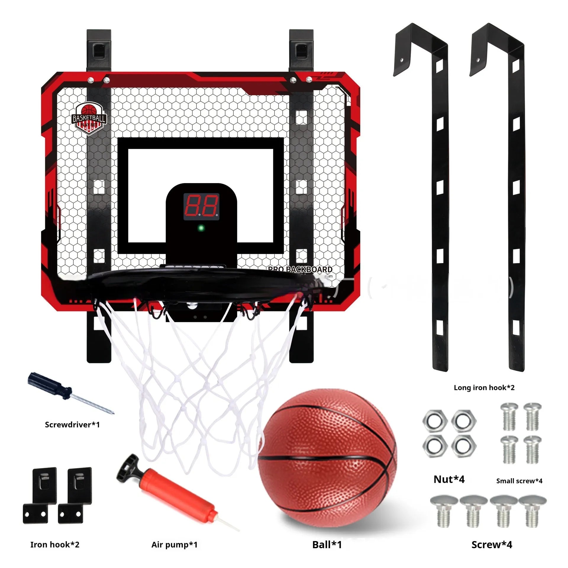 Folding basketball frame with red or blue 400x300mm panel, suction cup and iron hook mount with 16cm ball