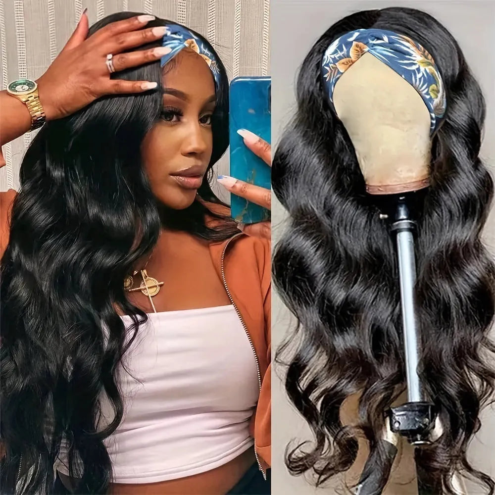 Headband wig with high temperature fibre hair in black straight, black curly and wine red options