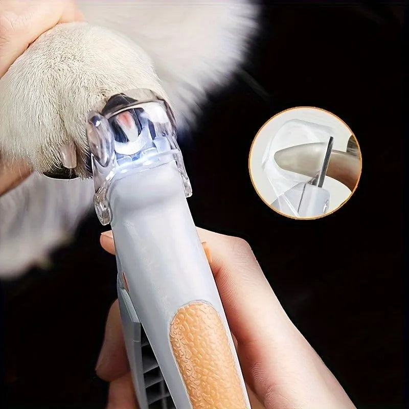 Yellow LED pet nail trimmer with magnifying glass and built-in nail catcher for dogs and cats