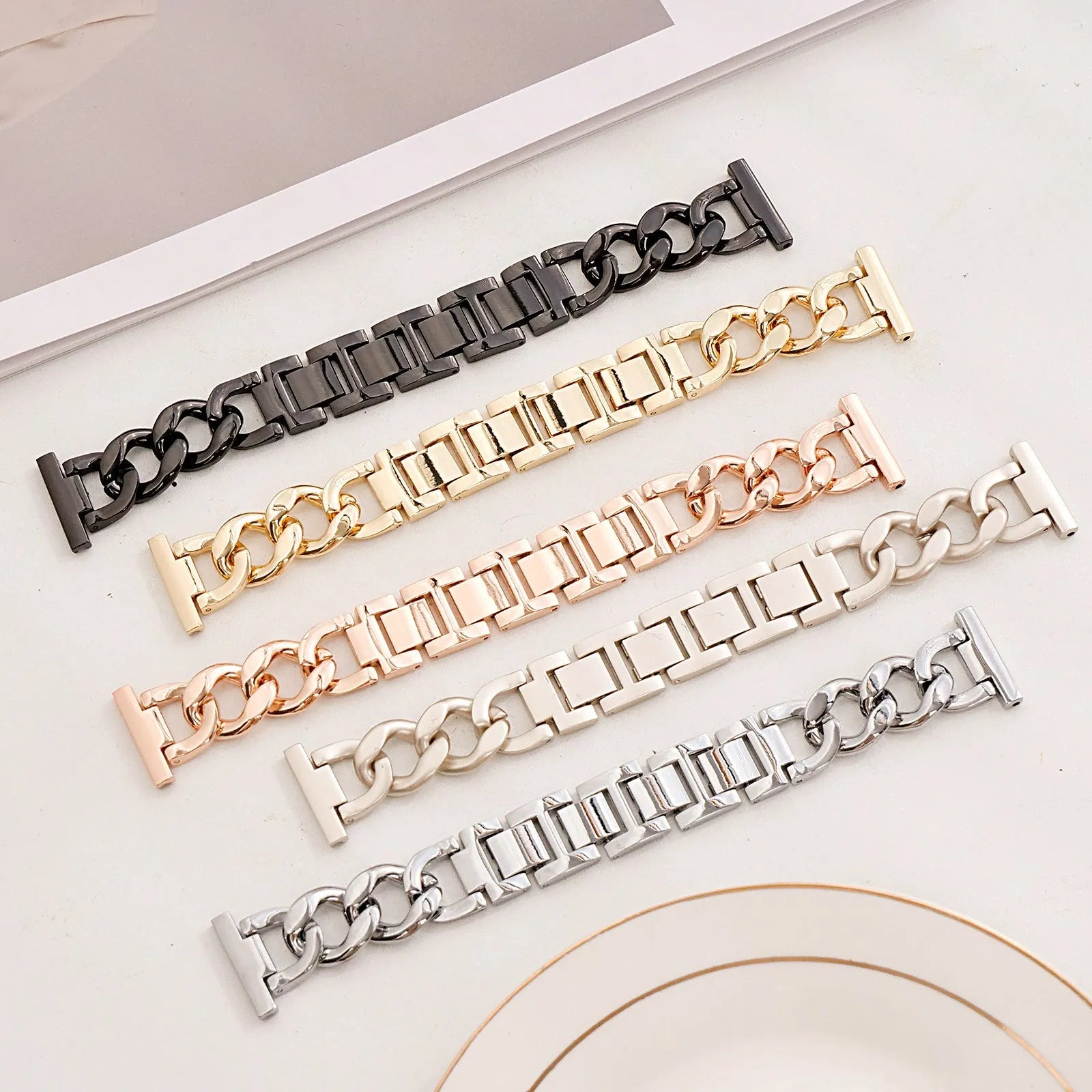 Denim chain metal Apple Watch strap in silver, black, gold, rose gold, and starlight colours for 38-49mm models