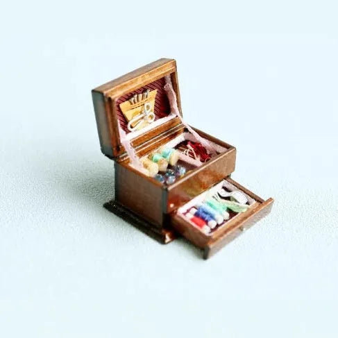 Miniature European style birch wood sewing box accessory for vintage sewing machines