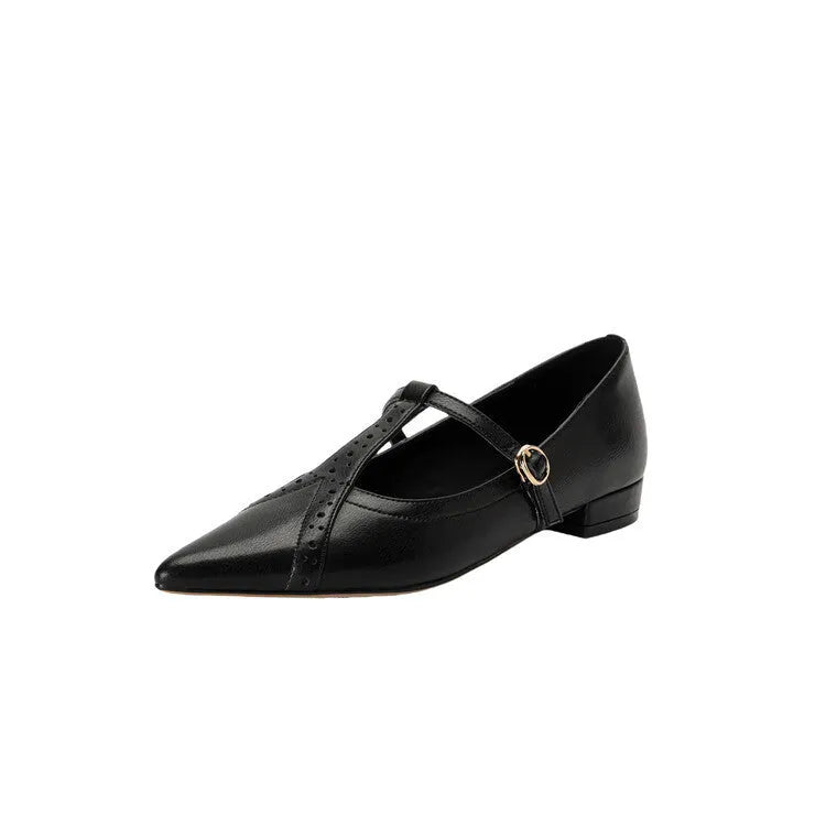 Brown women's pointed toe low-cut flat shoes with a mid heel on a neutral background.