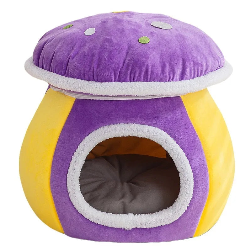 Purple mushroom-shaped cat bed with detachable top blanket on grey carpet