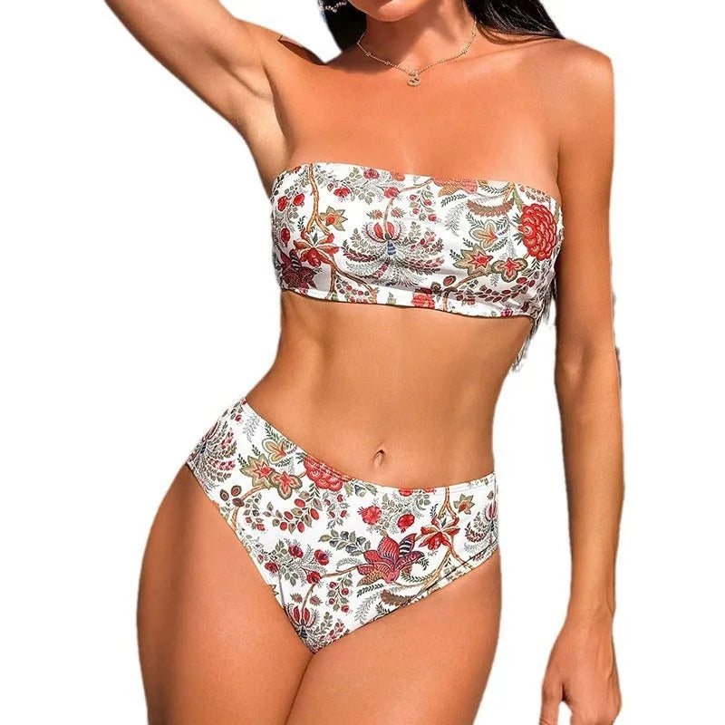 Women's printed bandeau swimsuit set with matching shorts in polyester fabric for swimming