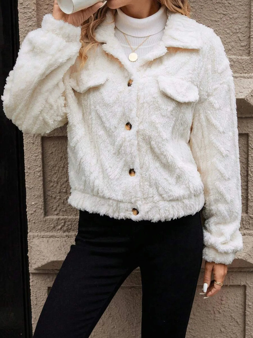 Women's ivory white double-sided plush button cardigan coat showing front closure and regular fit