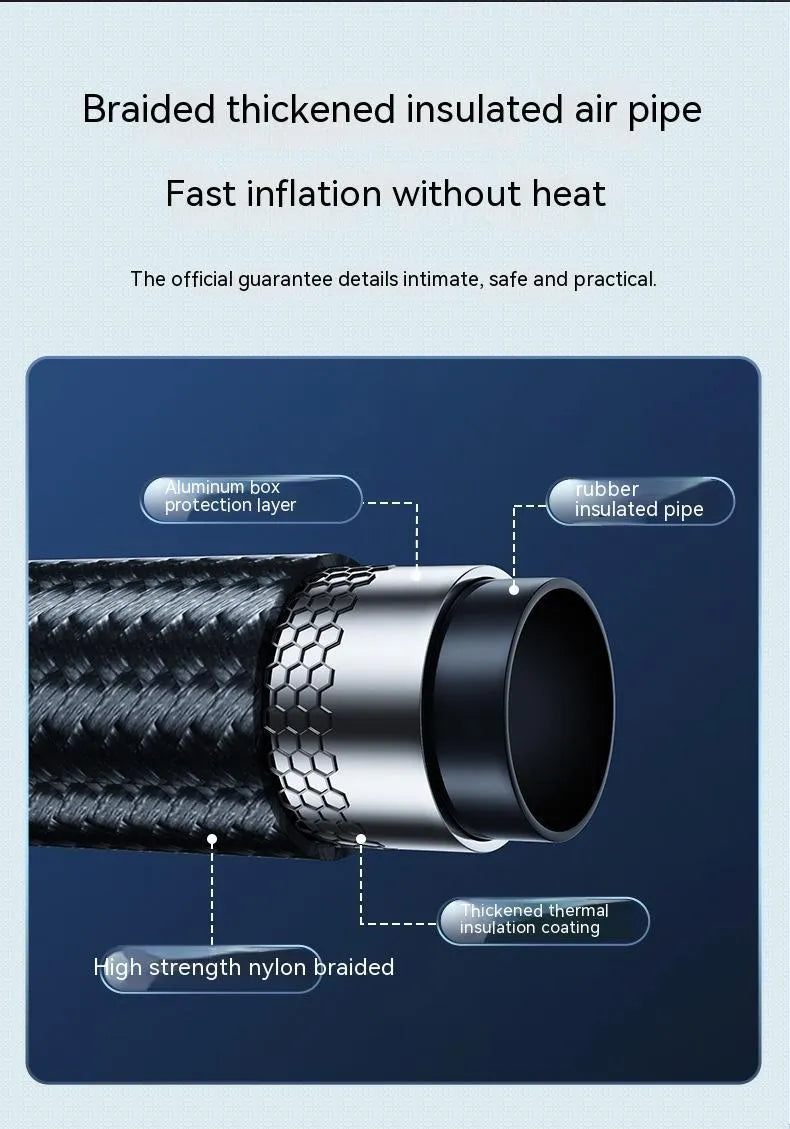 Black portable electric vehicle air pump with built-in pressure gauge and ABS inflation hose for 12V/24V car tyre inflation.