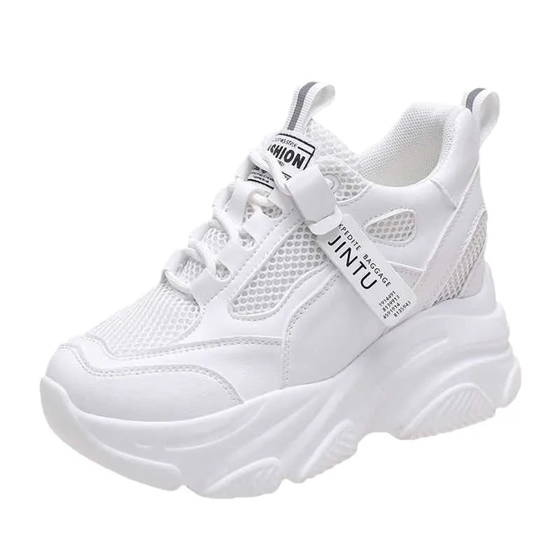 Women's black mesh platform casual slip-on shoes with a hollow-out toe holder design on a white background.