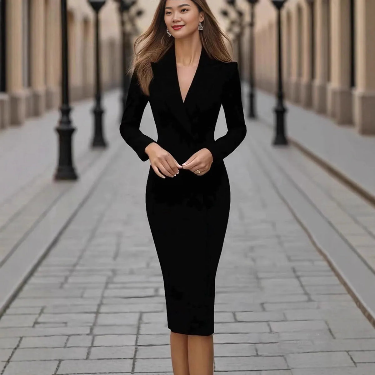 Women's single-breasted coat dress in polyester, shown in navy blue with long sleeves and a high waist.