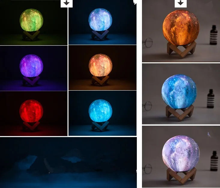 White 3D-printed moon lamp on a table showing crater details, with a remote control beside it.