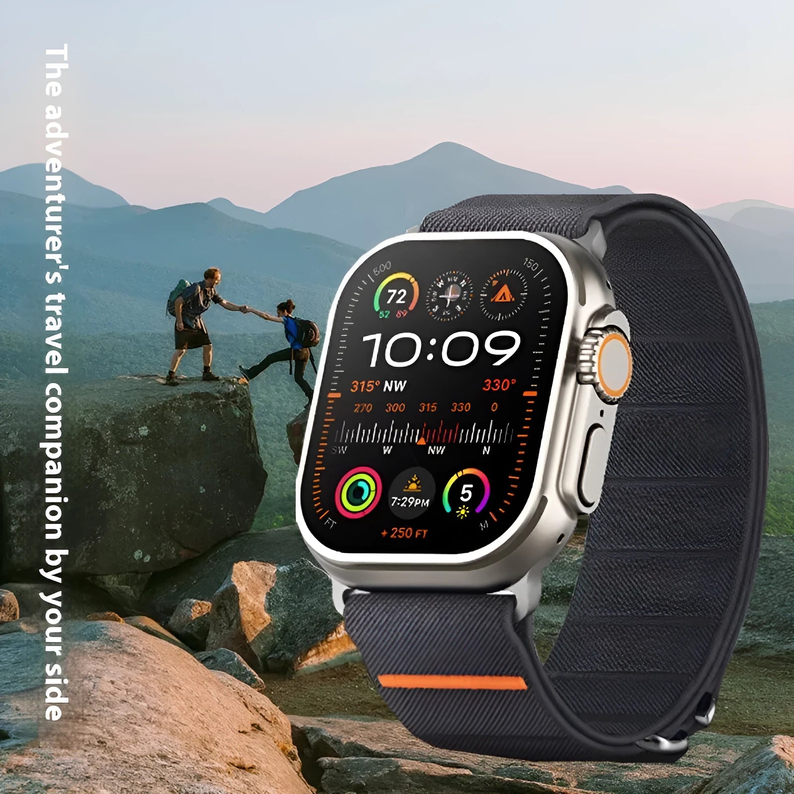 Elastic nylon watchband with stainless steel buckle for Apple Watch in multiple colour options.