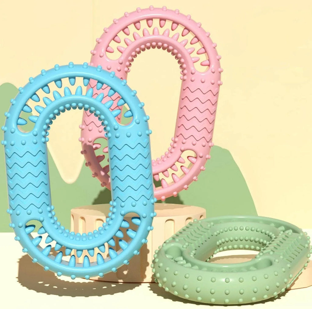 O-ring shape dog chew toy for aggressive chewers in blue, green, or pink colours