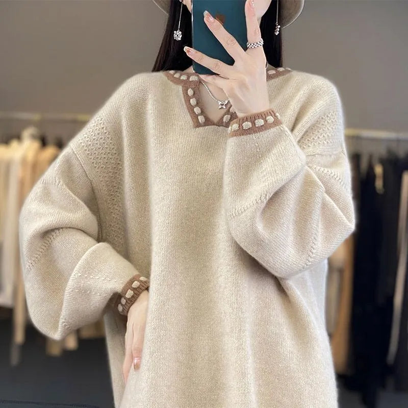 Women's camel colour V-neck viscose fibre sweater with long sleeves on hanger