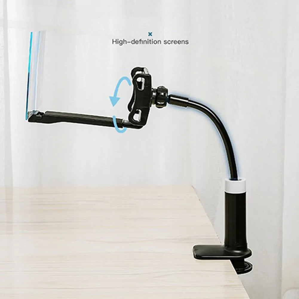 Black mobile phone screen magnifier with 12-inch acrylic lens on a folding, adjustable stand.
